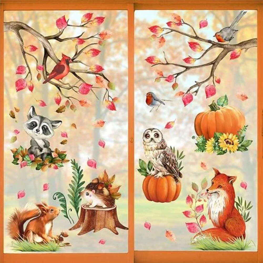 Fall Woodland Animals Window Clings -Fox, Owl, Raccoon, Pumpkin & Autumn Sticker